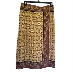 Sag Harbor Boho Midi Length Wrap Skirt Brown & Gold patterned Skirt. Sz 16.
